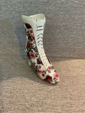 #867 Vintage Baum Bros Floral Boot Vase with Rose Pattern and Gold Trim